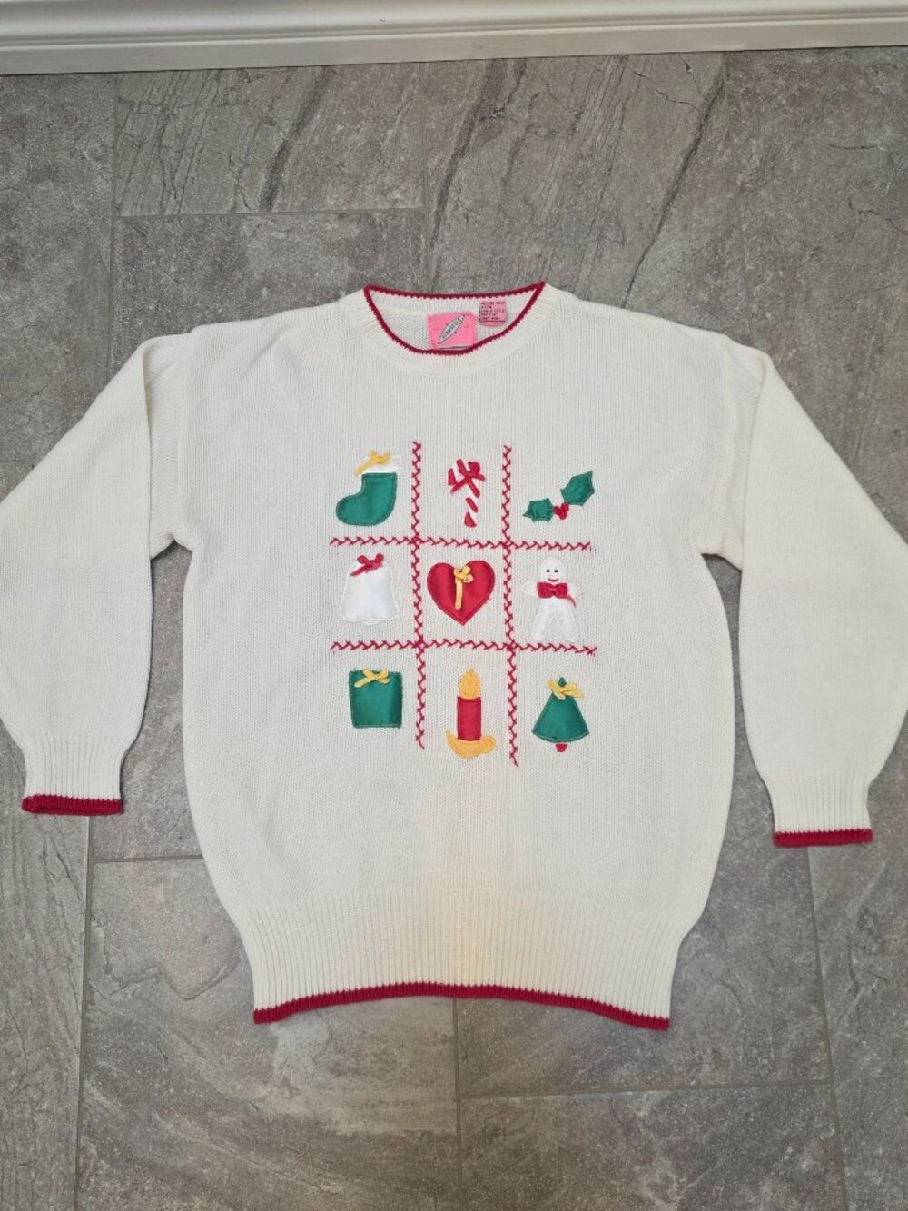 Pinwheels Vintage 80s Christmas Sweater candy cane stocking tree holly Med